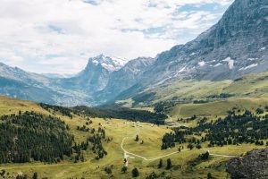 swiss alps mountain filled with trees during daytime