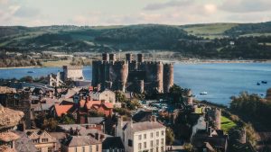 Pembrokeshire Wales castle aerial view of buildings